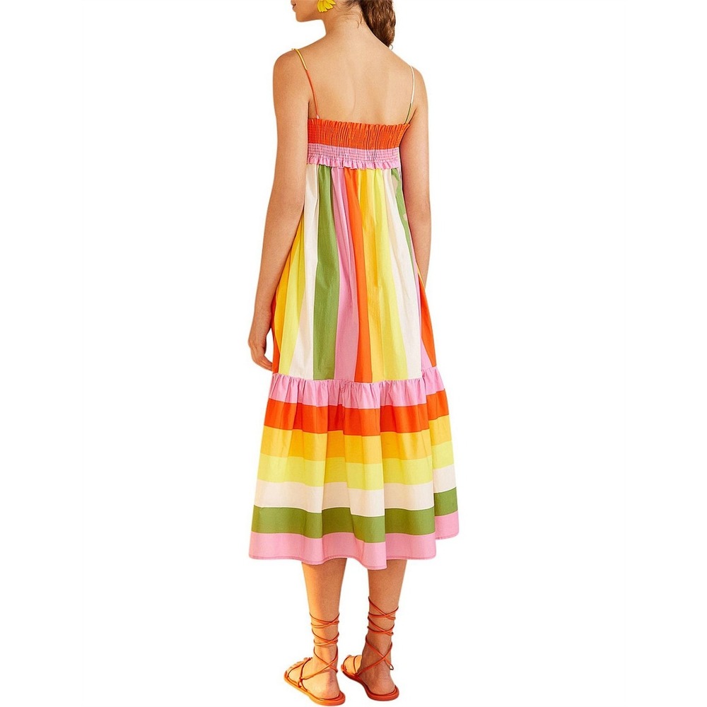 Farm Rio MIXED Multicolored Stripe Smocked  MIDI DRESS Size Medium New with tags - Picture 6 of 10